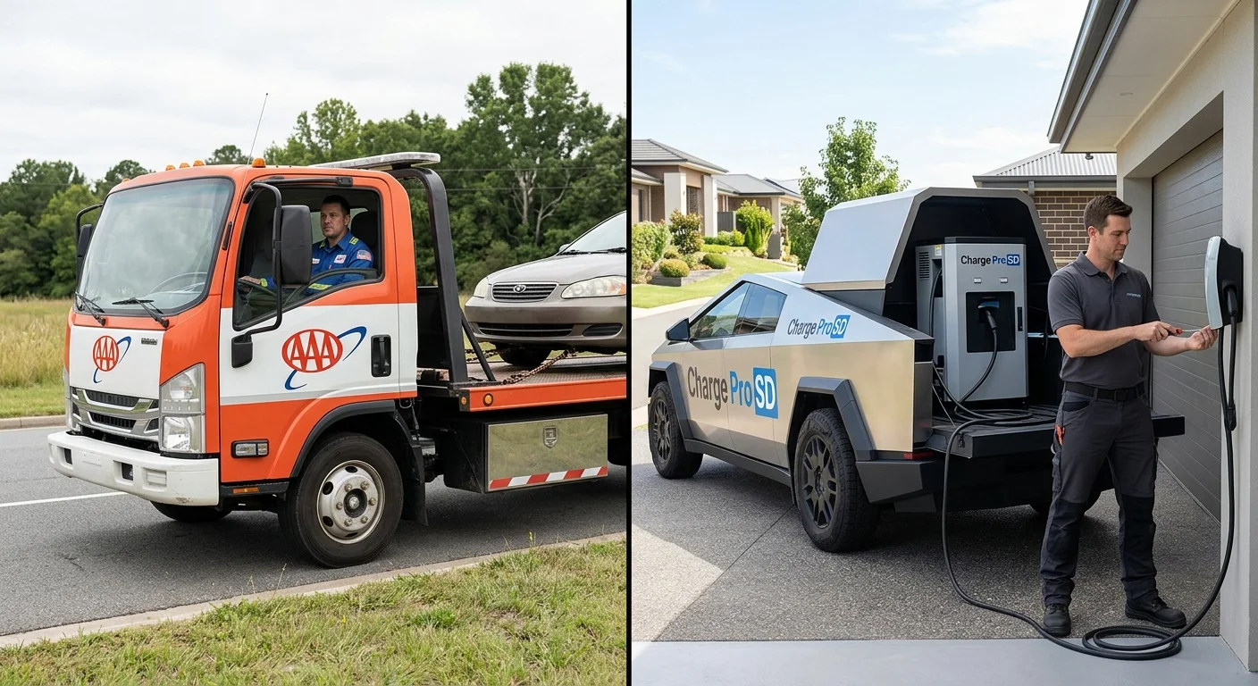 A split screen image. Left side shows a generic tow truck with an AAA logo. Right side shows the Charge Pro SD Cybertruck rig. The Charge Pro side looks more modern and specialized.