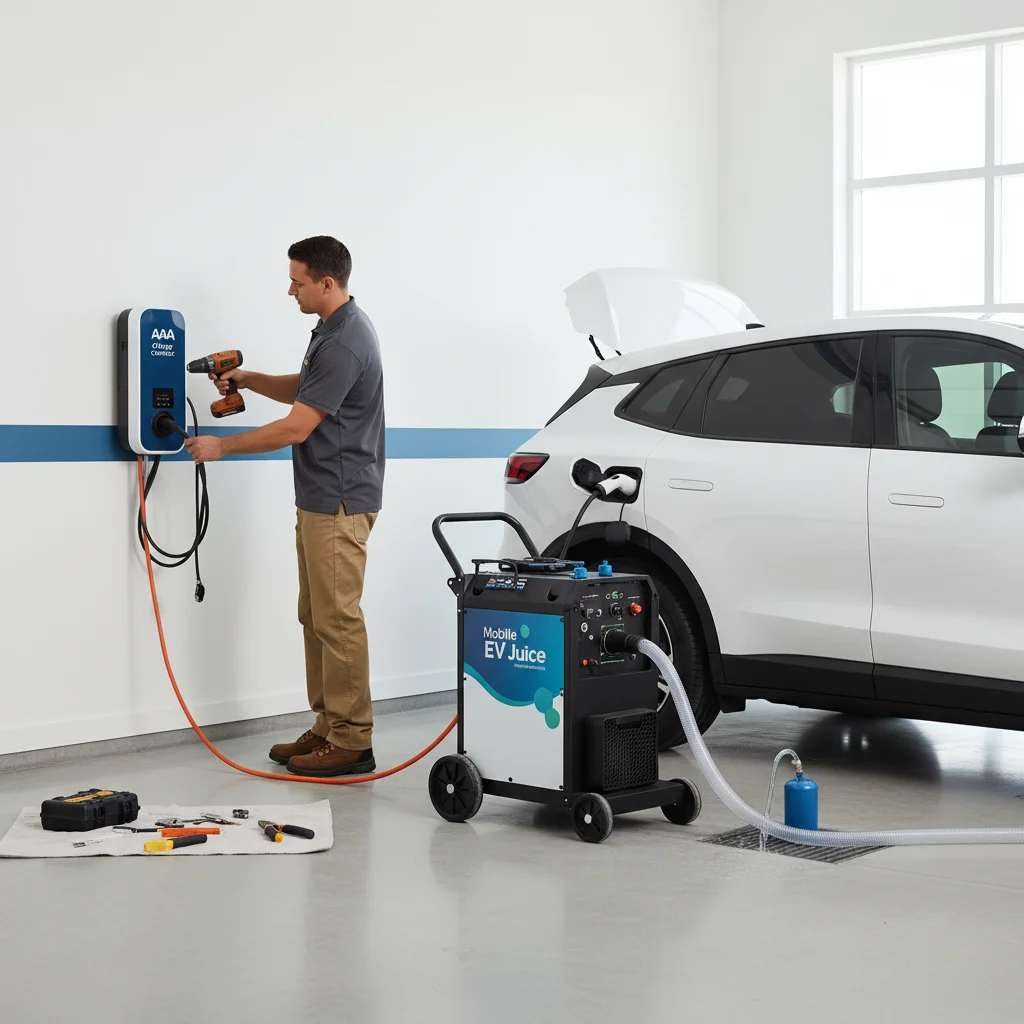 Split scene showing a flatbed tow truck loading an EV on the left and a mobile charging van plugged into an EV on the right on a San Diego street