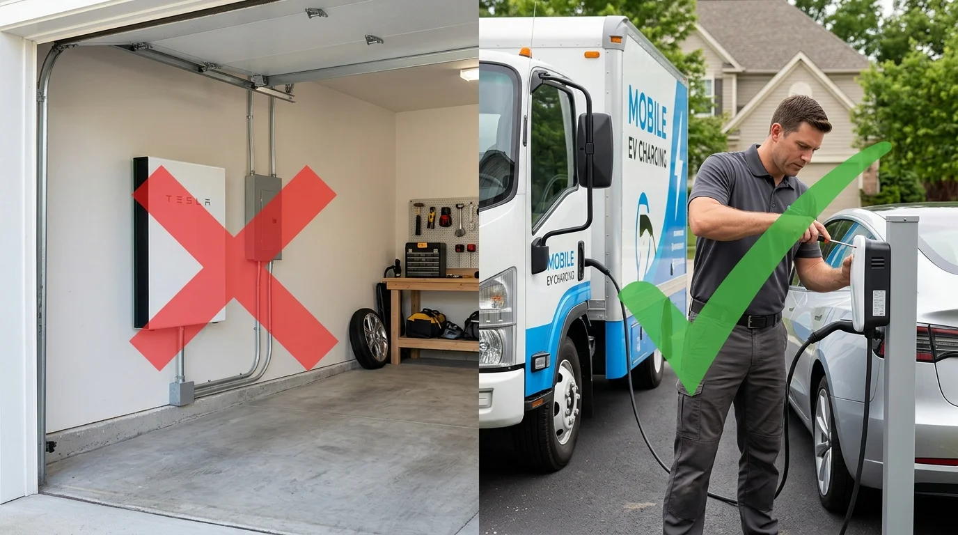 A split image. On the left, a Powerwall-style home battery on a garage wall with a red 'X' over it. On the right, our mobile charging truck helping an EV, with a green checkmark.