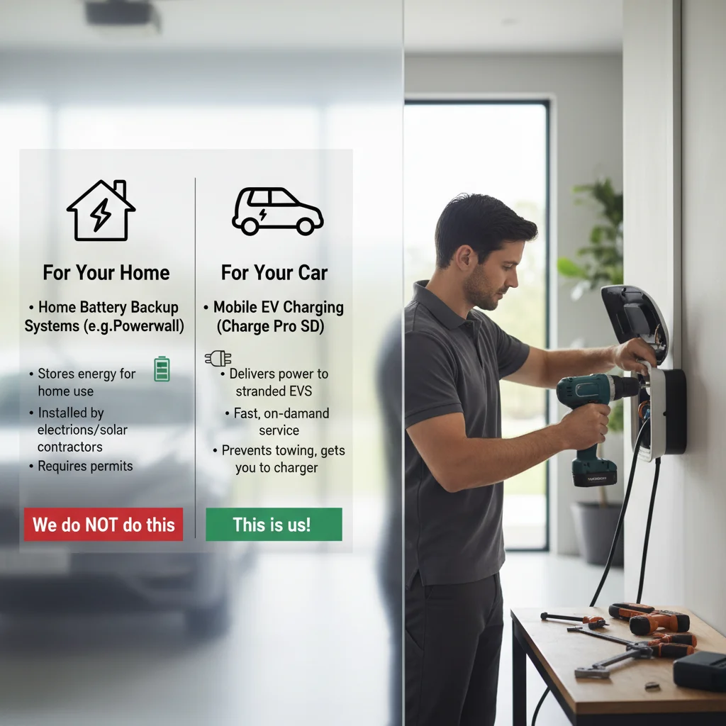 A simple infographic with two columns: 'For Your Home' (describing battery backup, with a note 'We don't do this') and 'For Your Car' (describing mobile charging, with 'This is us').