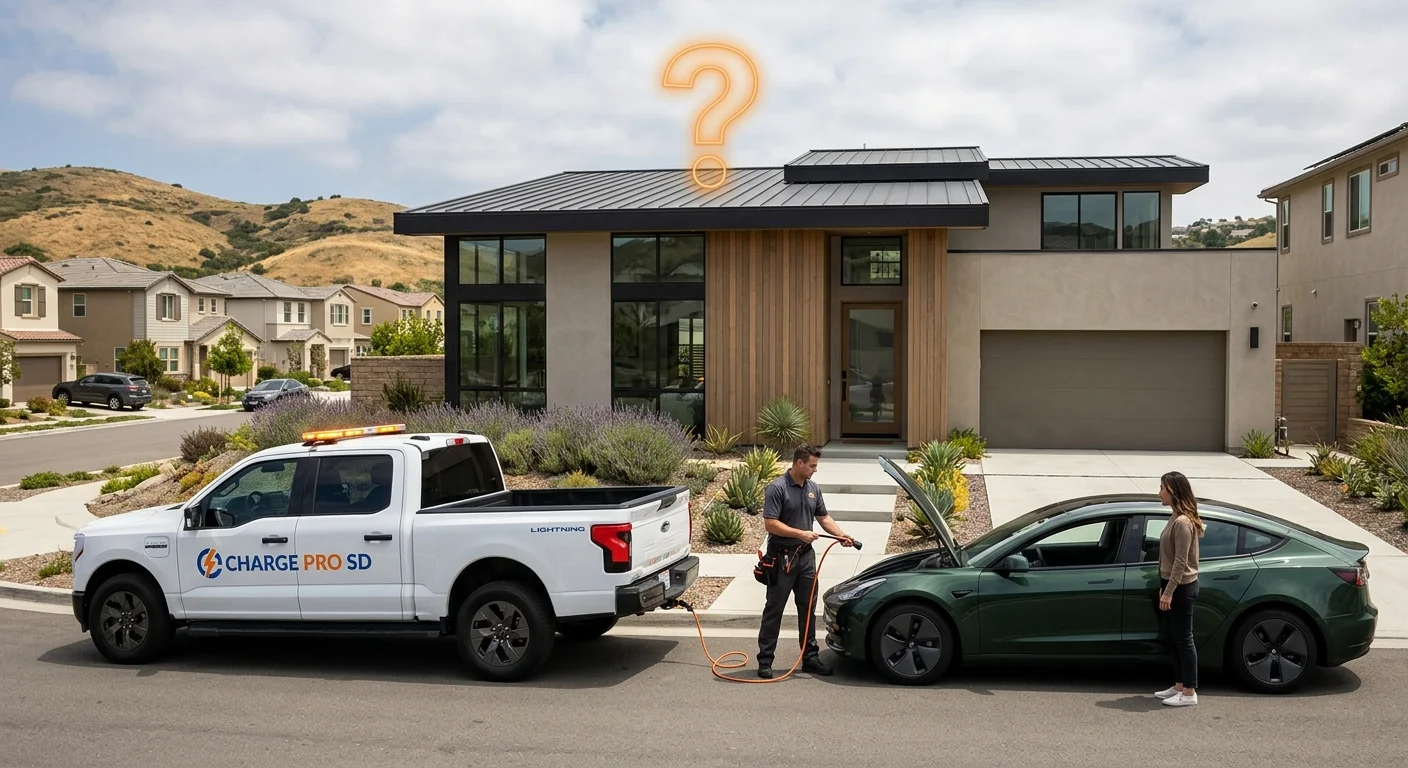 A sleek, modern home in Rancho Bernardo with a question mark over the roof, contrasted with an image of a Charge Pro SD vehicle helping a stranded EV on the side of a road nearby.