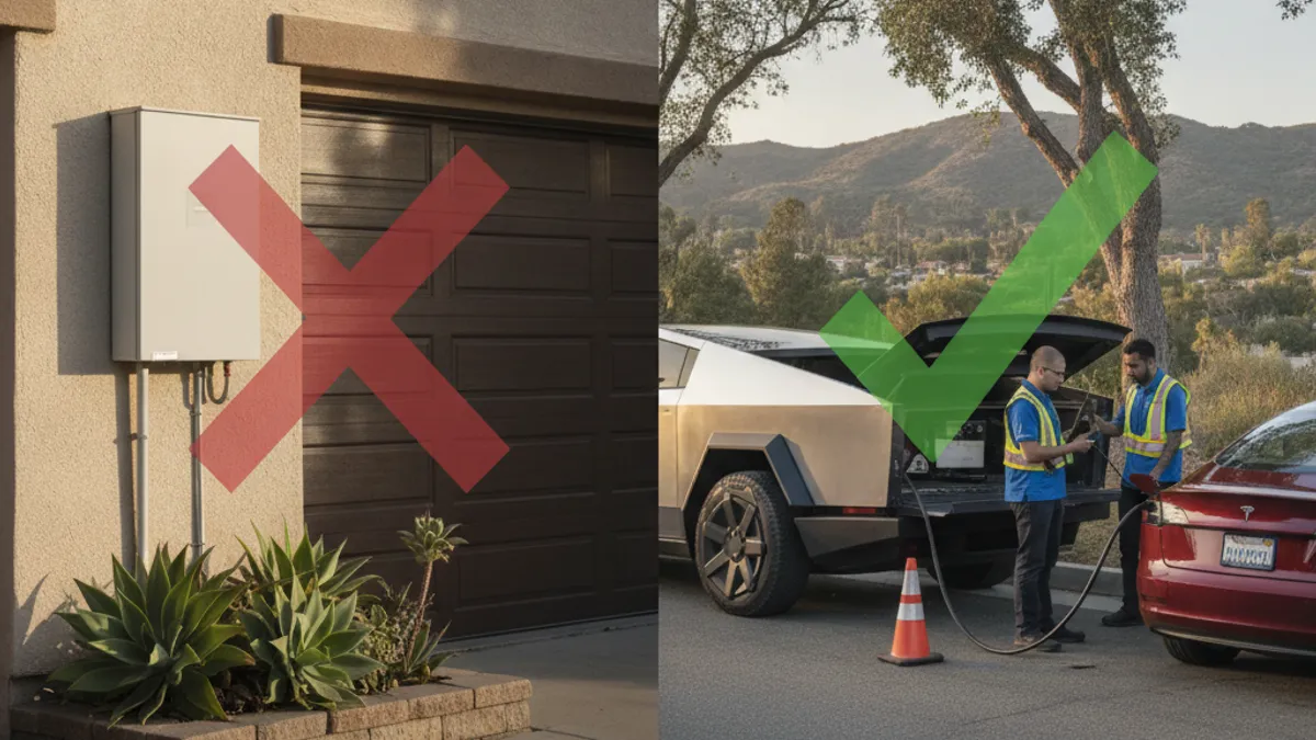 A split image. On the left, a home battery unit mounted on a Rancho Peñasquitos garage wall with a red X over it. On the right, a Charge Pro SD mobile charging truck helping a stranded EV, with a green checkmark.