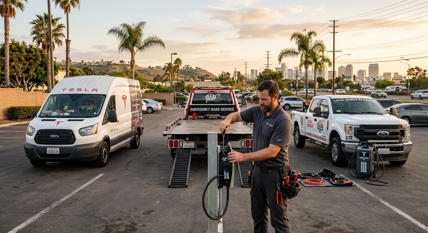 Three roadside trucks side by side — Tesla service, AAA, and a local mobile EV rescue — staged in a San Diego parking lot at golden hour, photorealistic