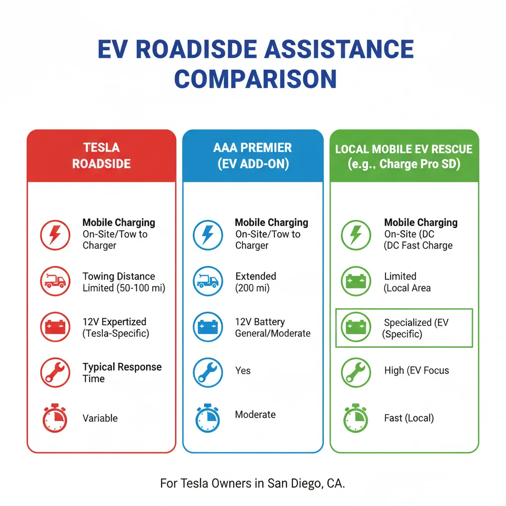 Infographic comparing Tesla, AAA Premier, and Local Mobile EV Rescue services for Tesla owners across categories like mobile charging, towing, 12V battery, and response time.