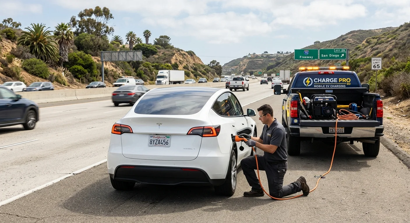 A Tesla Model Y on the shoulder of the I-15 freeway in San Diego, with a Charge Pro SD rescue vehicle pulling up behind it.