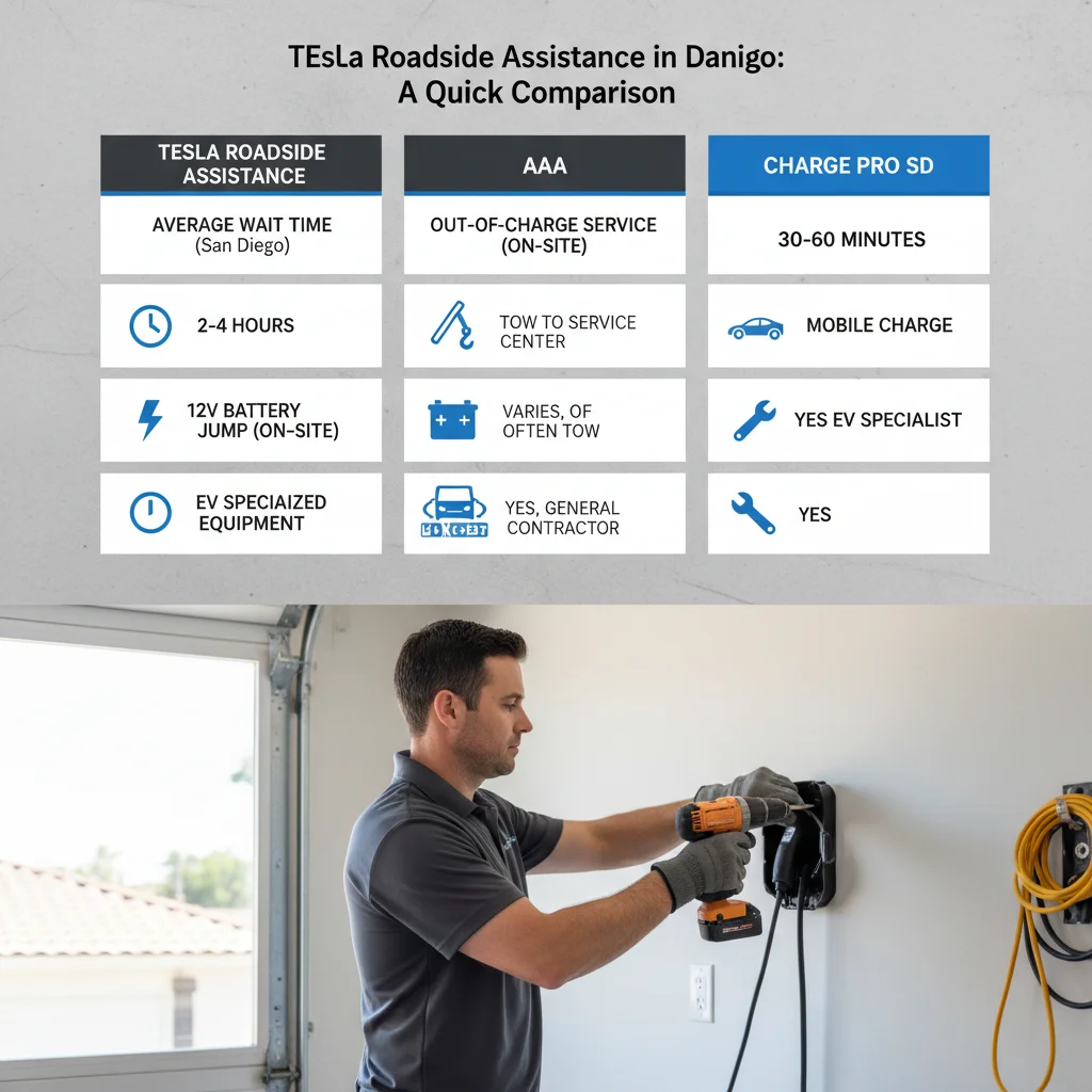 A comparison table graphic showing wait time, cost for out-of-charge service, and 12V jump service for Tesla, AAA, and Charge Pro SD.