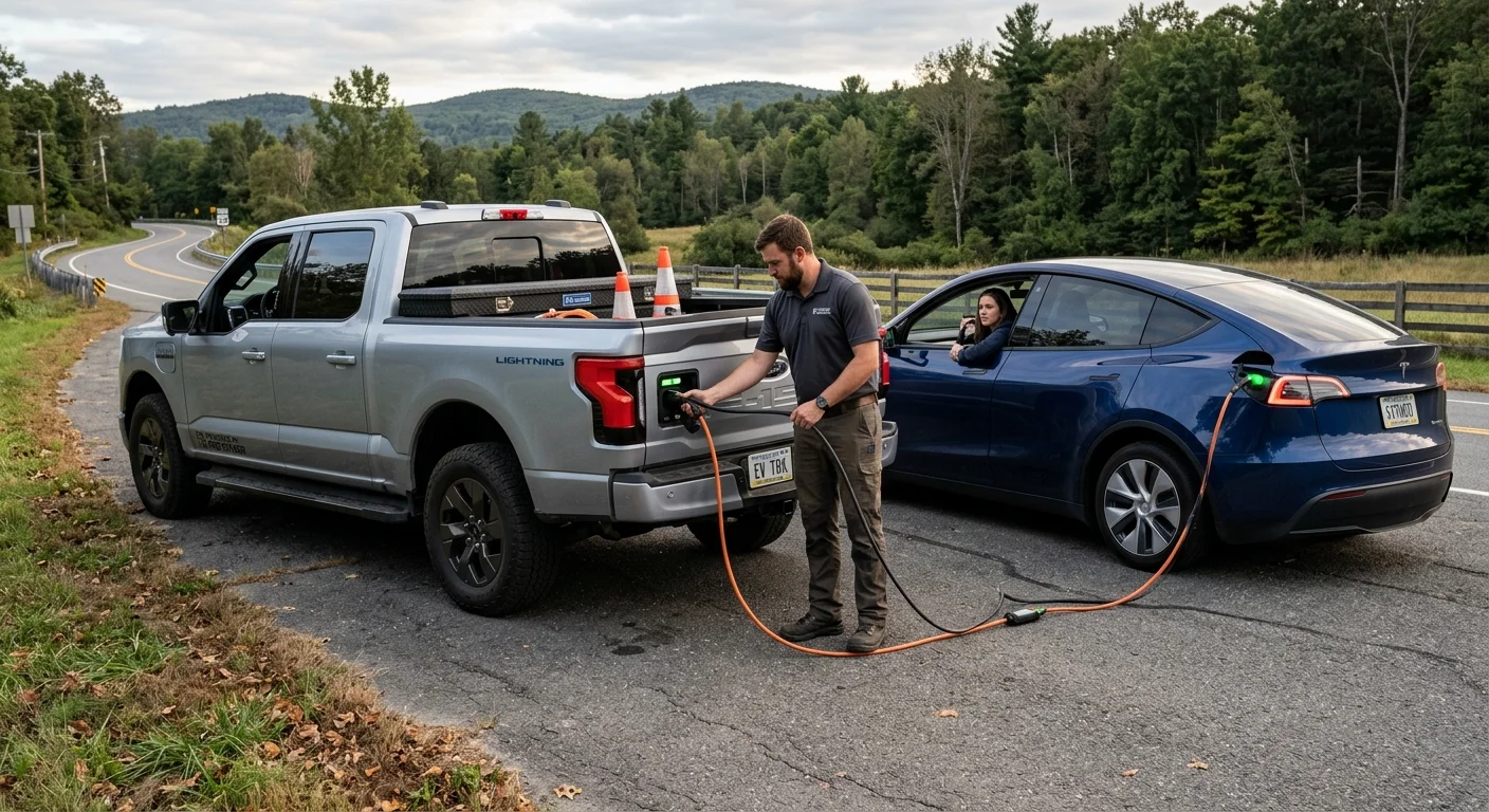 A Ford F-150 Lightning parked next to a stranded Tesla Model Y, with a charging cable connecting the truck's Pro Power Onboard outlet to the Tesla's charge port.