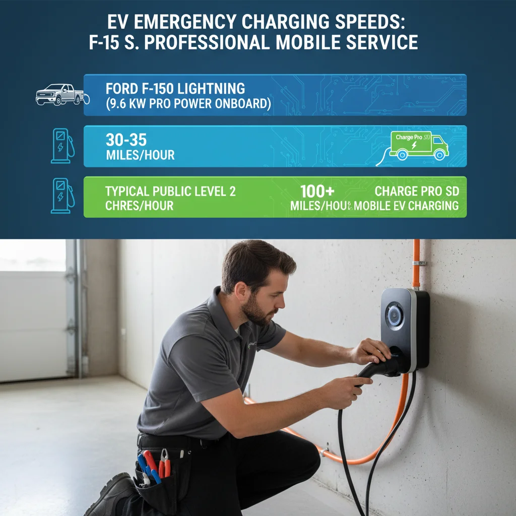 Infographic comparing F-150 Lightning EV charging speed to standard Level 2 and Charge Pro SD's mobile charging service for emergency EV roadside assistance.