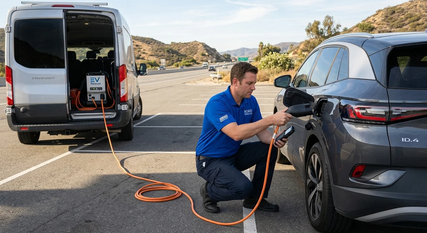An independent roadside operator checking a non-Tesla electric vehicle charge port