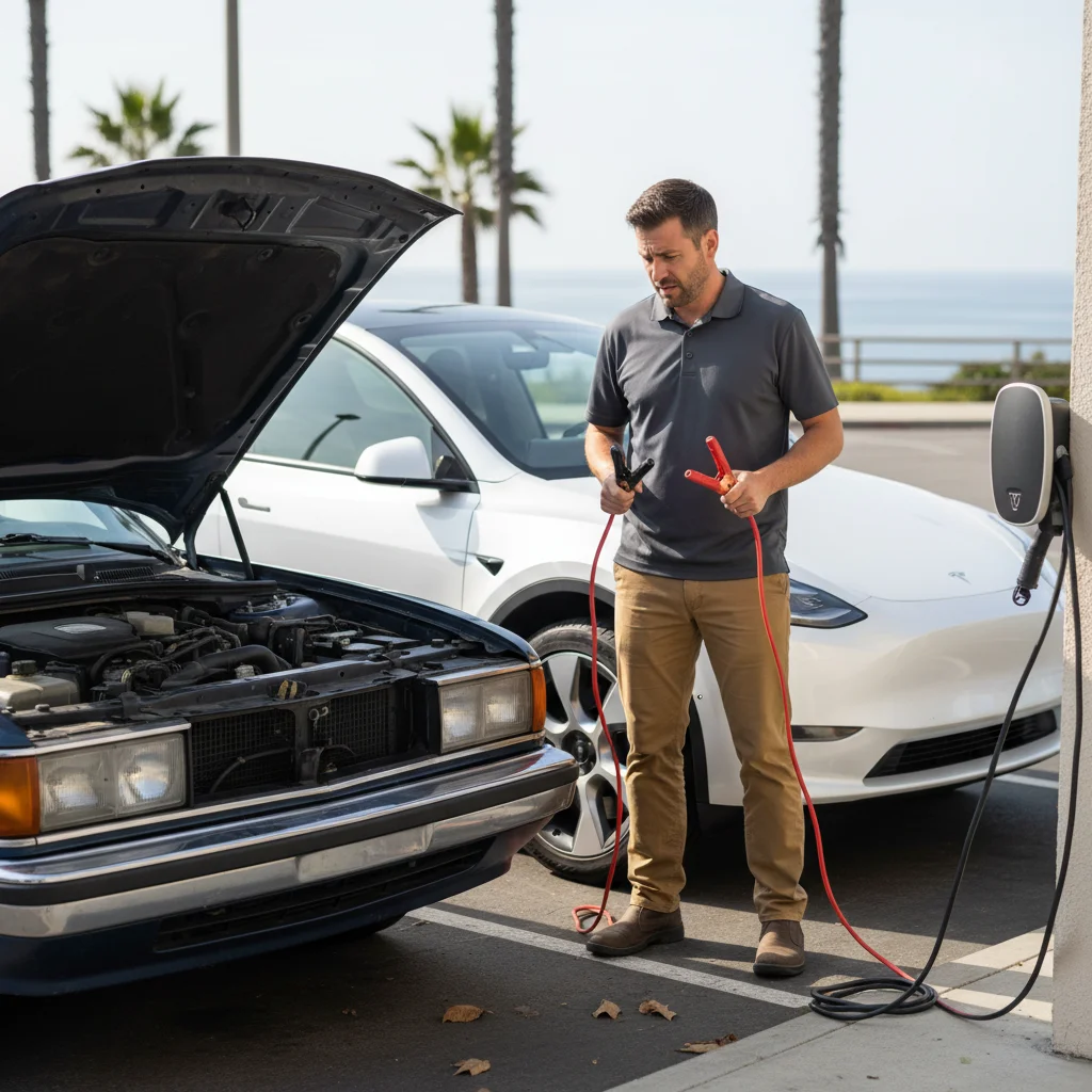 Tesla driver with jumper cables looking puzzled at a gas car with its hood open in a San Diego parking lot.