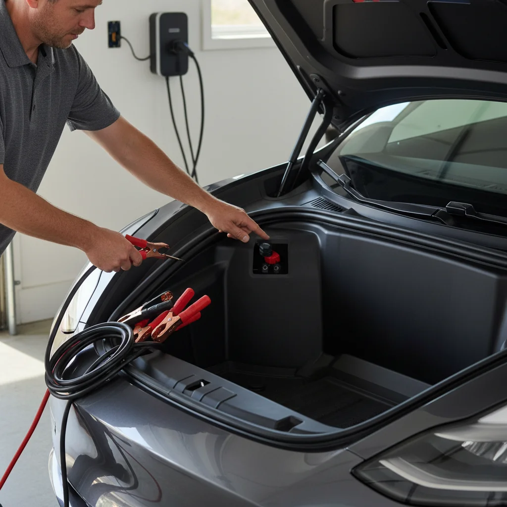 Close-up of a Tesla's 12V battery terminals in the frunk next to a pair of jumper cables.