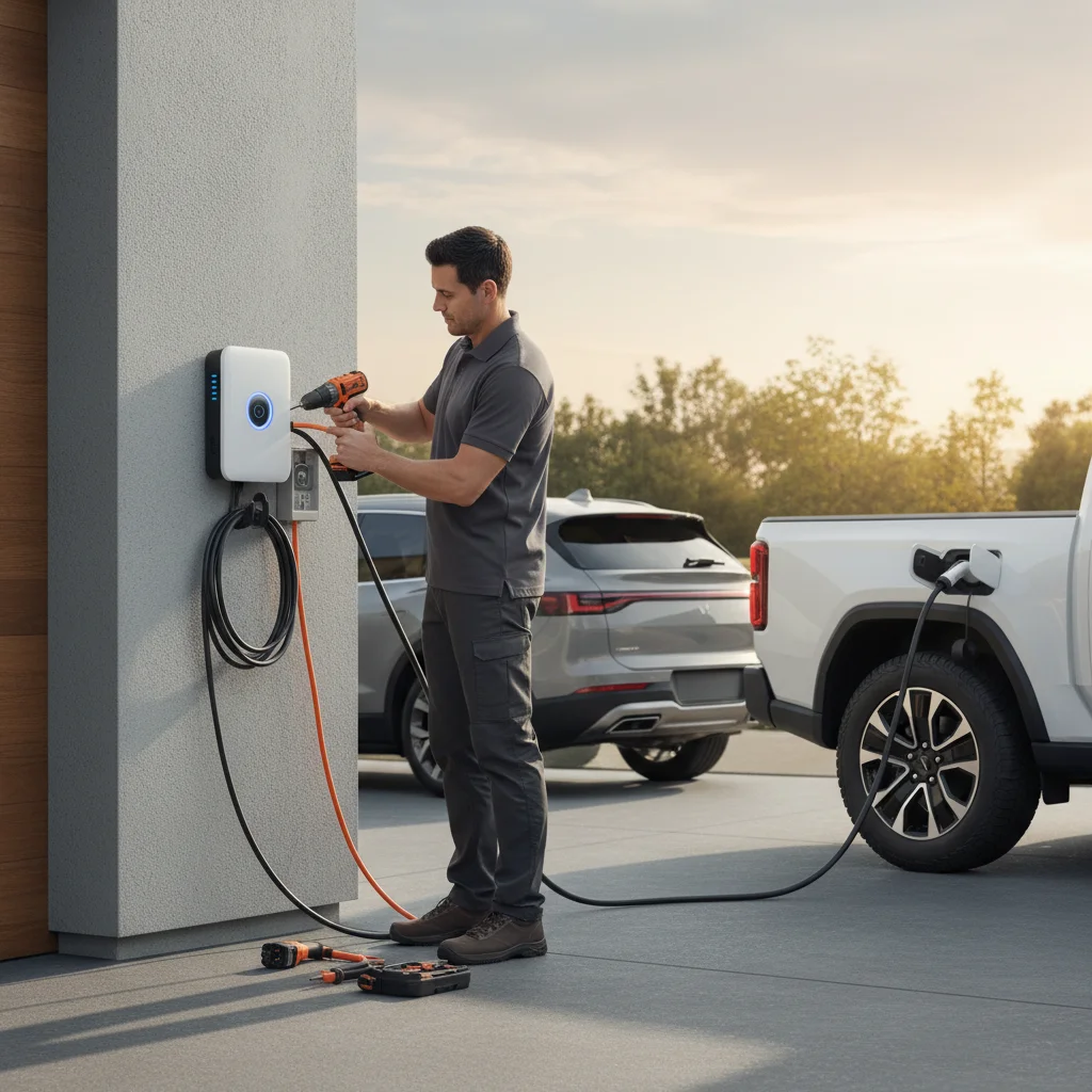 A driver checks a charging session status screen on a public EV charging kiosk in a San Diego parking lot