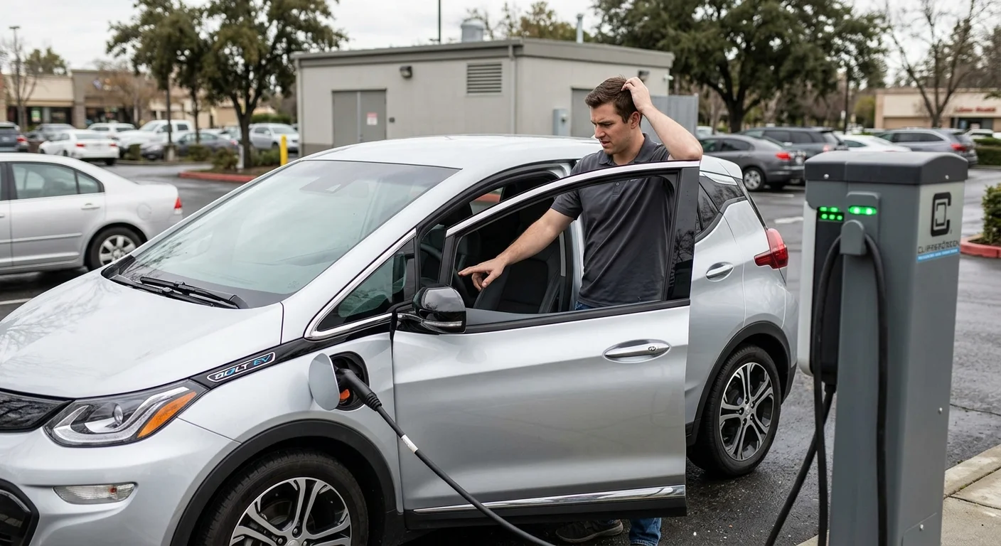 A frustrated driver looking at the non-responsive charging screen inside a Chevy Bolt EV at a public charging station.