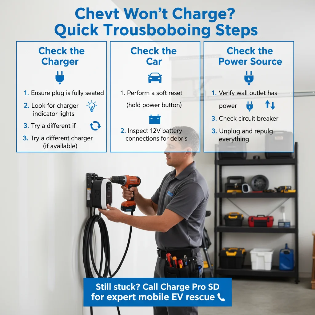 Infographic detailing common Chevy Bolt charging issues and their primary causes: charger, car, or power source, along with quick troubleshooting tips.