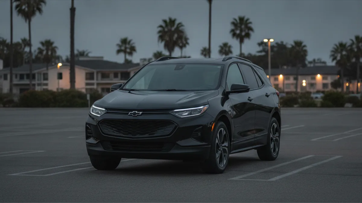A dark, unresponsive Chevy Equinox EV parked in a San Diego driveway at dusk, illustrating a dead 12V battery.
