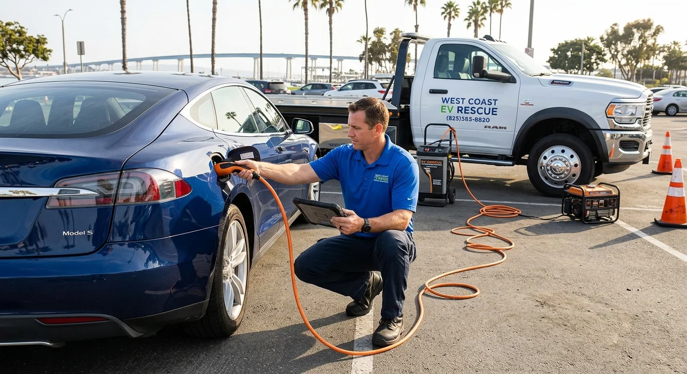 An independent operator assessing a powerless Tesla in a San Diego parking area