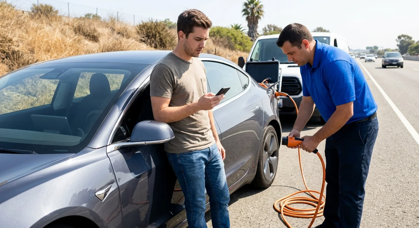 A driver checks roadside coverage beside an unresponsive Tesla