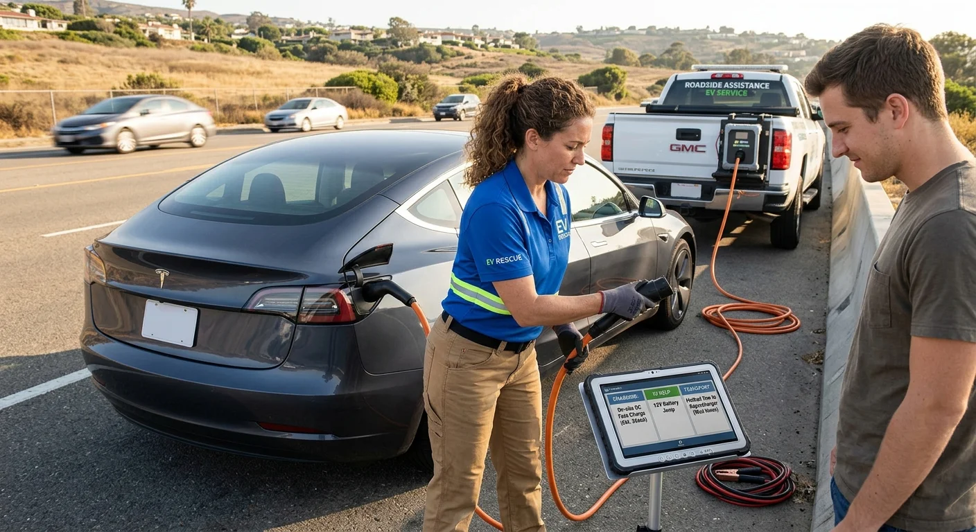 A stranded electric car parked away from traffic in San Diego