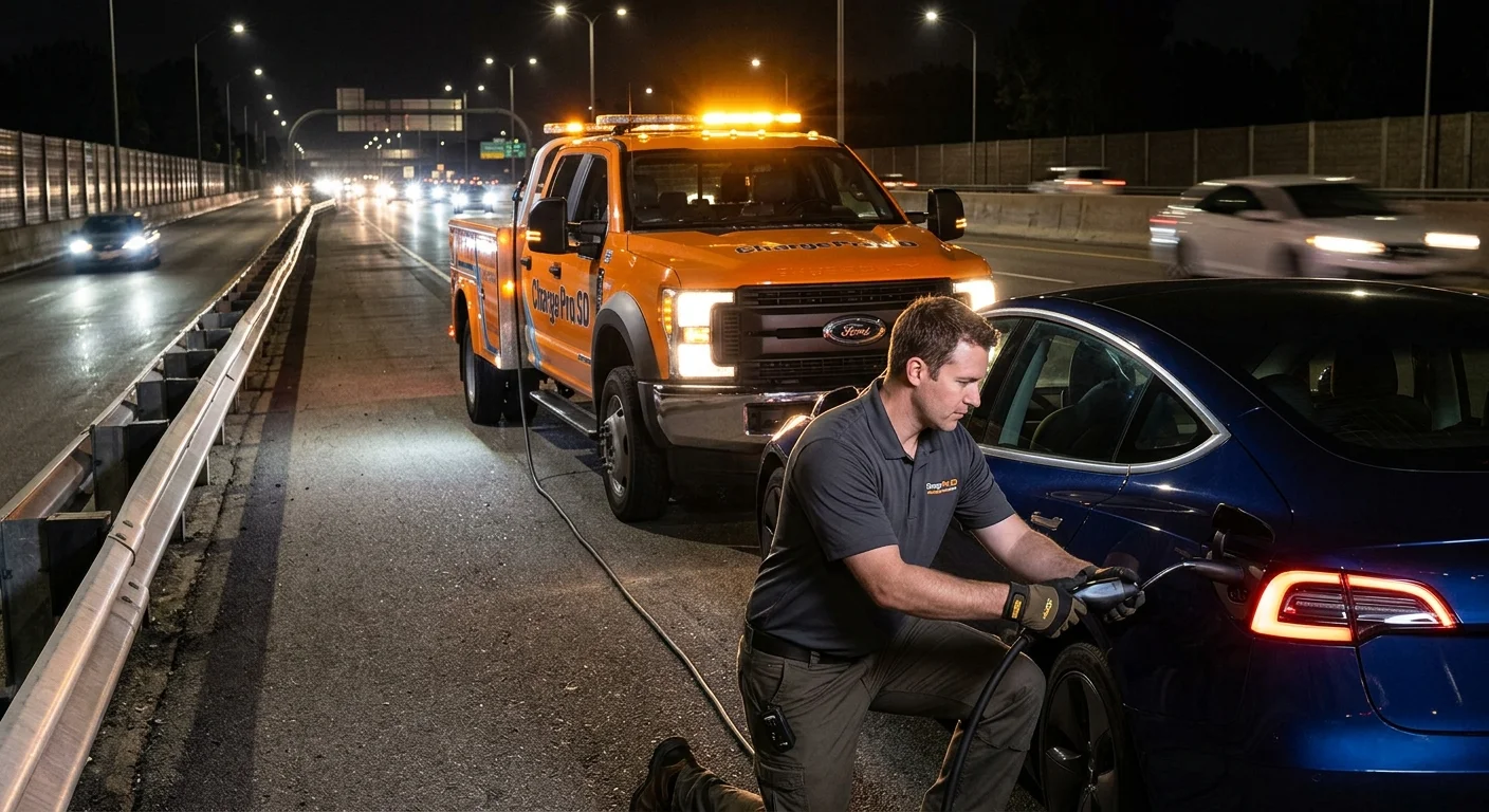 A stranded electric car on the shoulder of a highway at night, with the Charge Pro SD rescue vehicle pulling up behind, its lights illuminating the scene.
