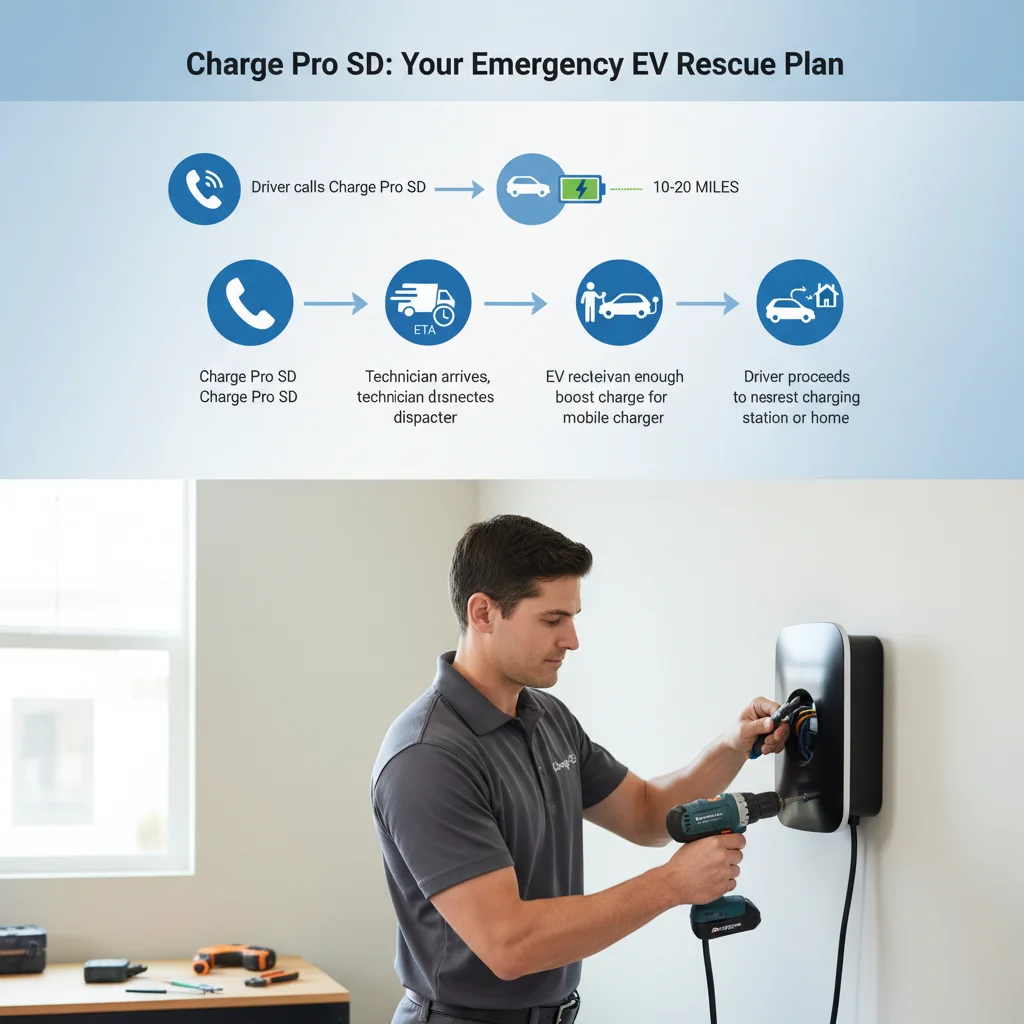 Infographic showing the steps for Charge Pro SD emergency EV charging, from calling to getting back on the road.