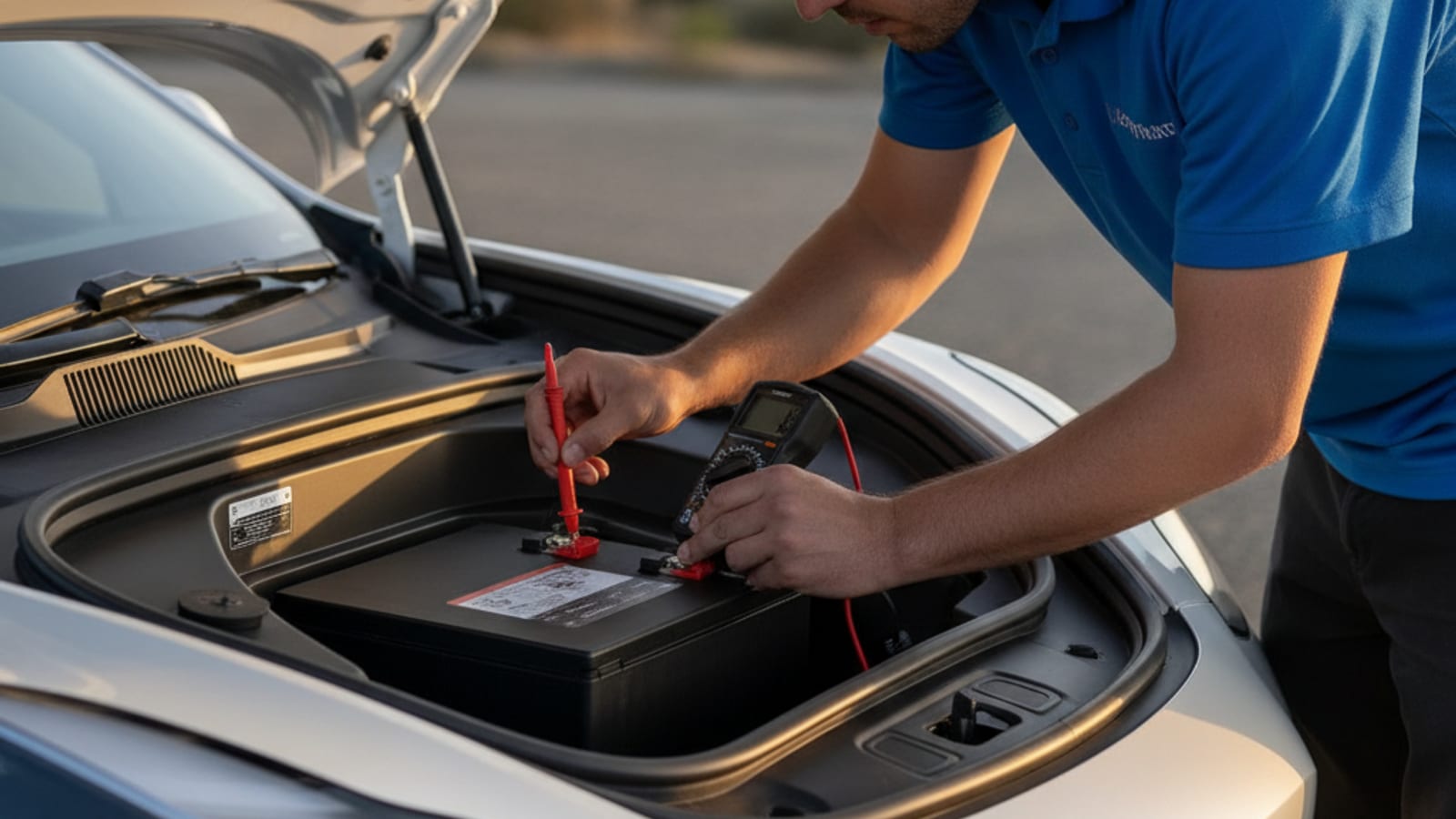 Tesla dashboard showing low 12V battery warning light with service required message