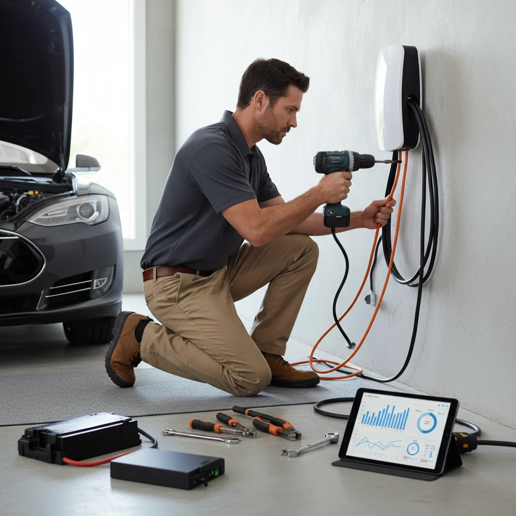 A driver checks a charging session status screen on a public EV charging kiosk in a San Diego parking lot