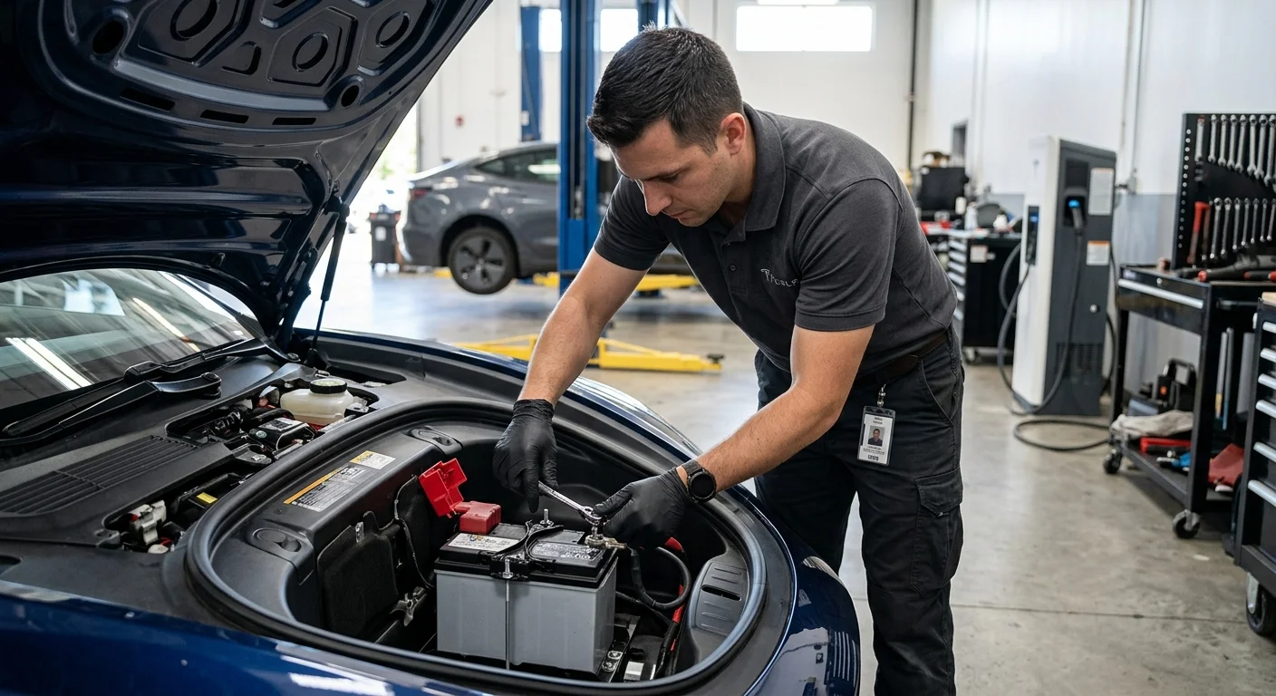 A technician wearing gloves is carefully disconnecting the terminals of a 12V battery located under the frunk of an electric vehicle.