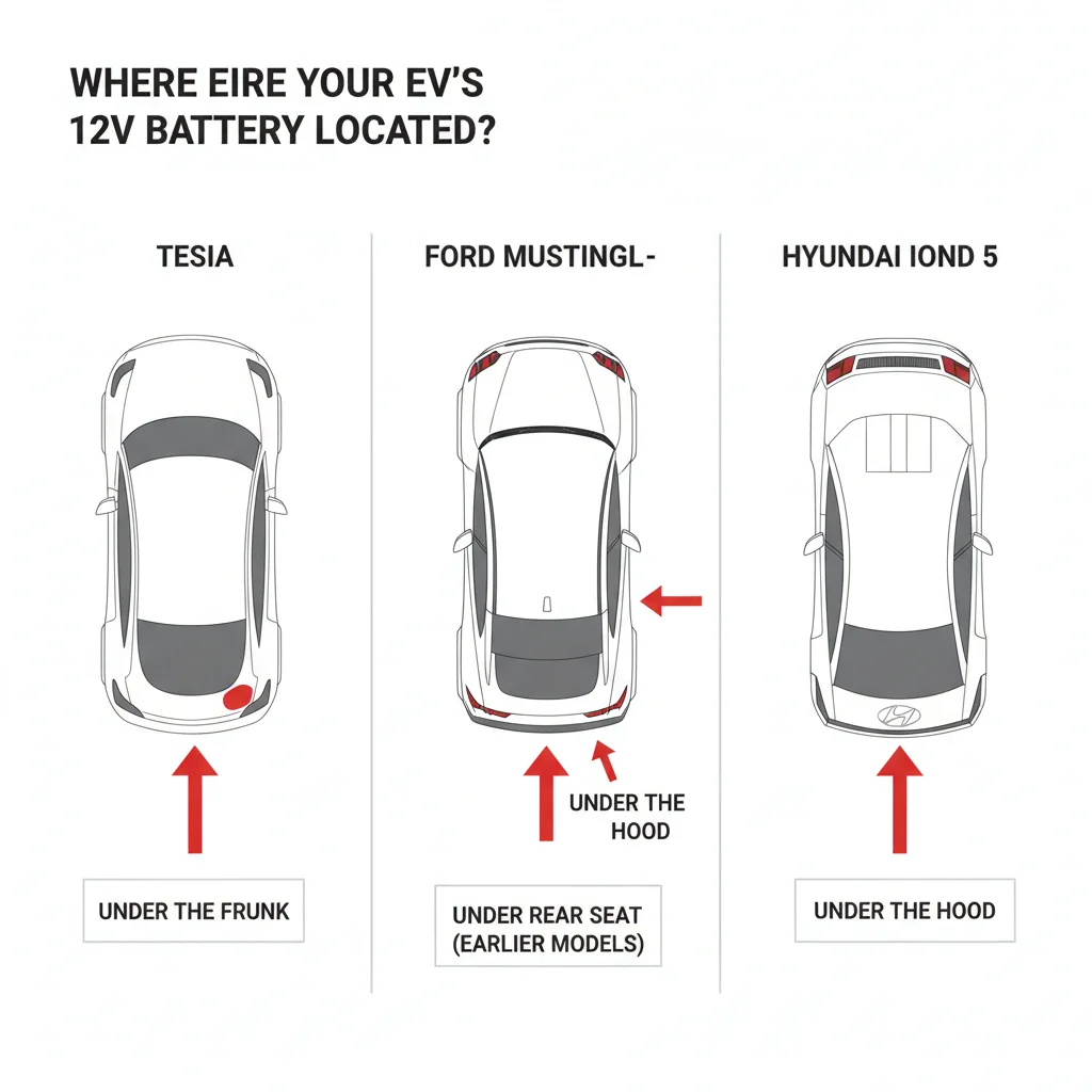 A split image showing the location of the 12V battery in three different popular EVs: a Tesla Model 3, a Ford Mustang Mach-E, and a Hyundai Ioniq 5.