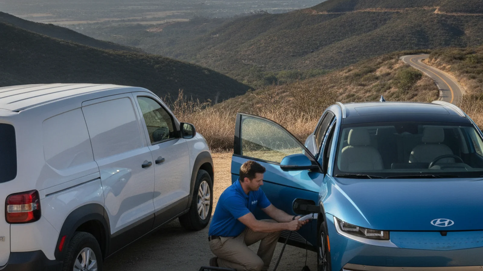 An electric vehicle traveling a San Diego County road between coastal and inland terrain