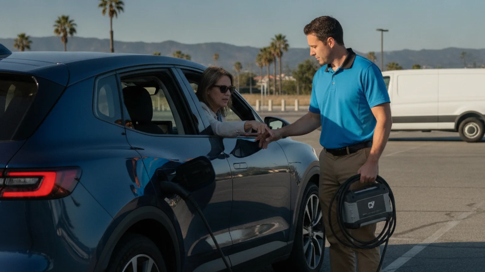 An electric vehicle with separate traction battery and low-voltage battery icons