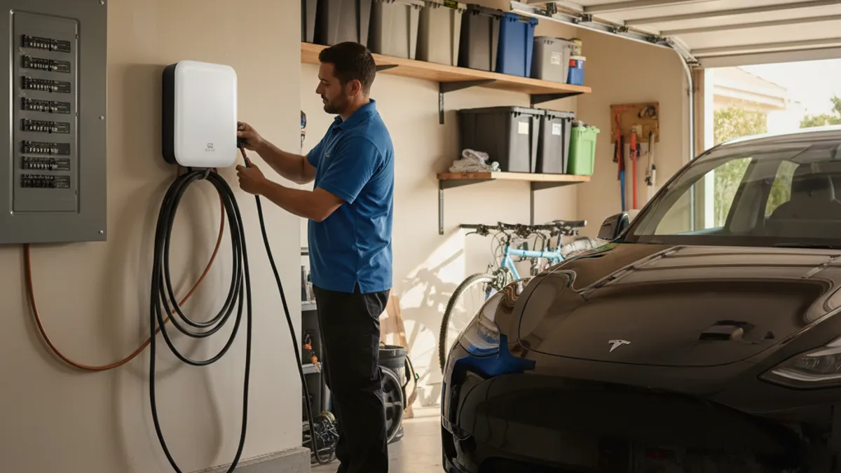 An electrician mounting a Level 2 EV charger on the wall of a suburban garage in inland San Diego County with a Tesla parked inside.