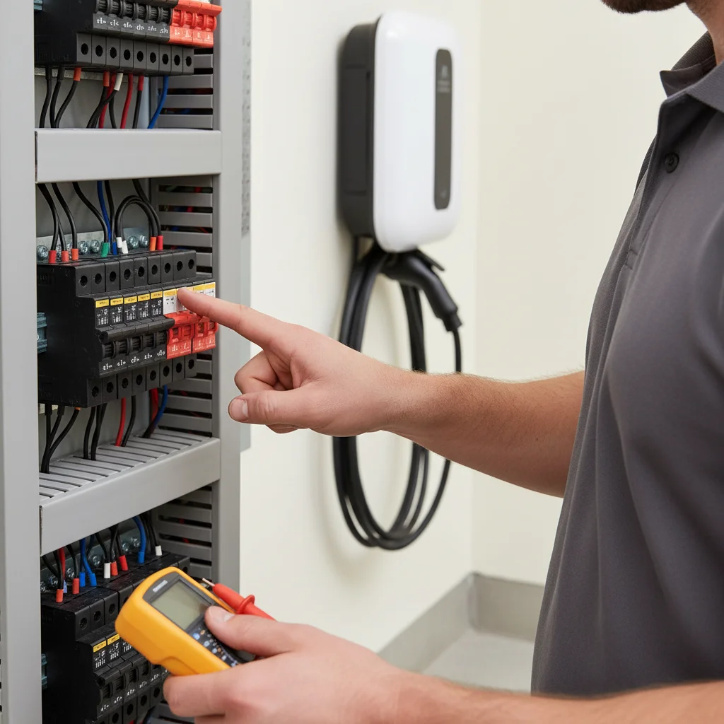 A hand inspecting a tripped breaker in a home electrical panel