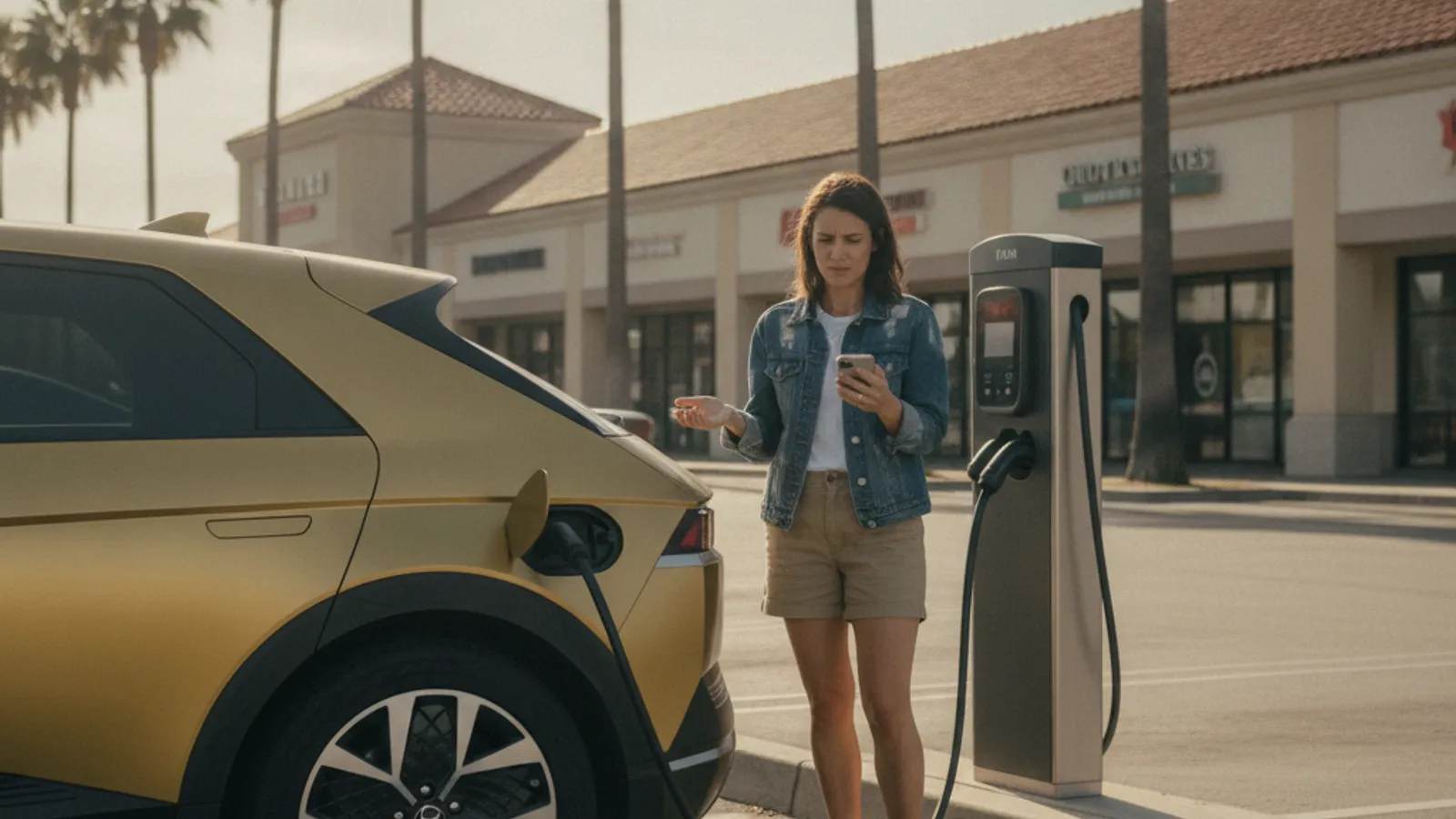 A driver checks a charging session status screen on a public EV charging kiosk in a San Diego parking lot