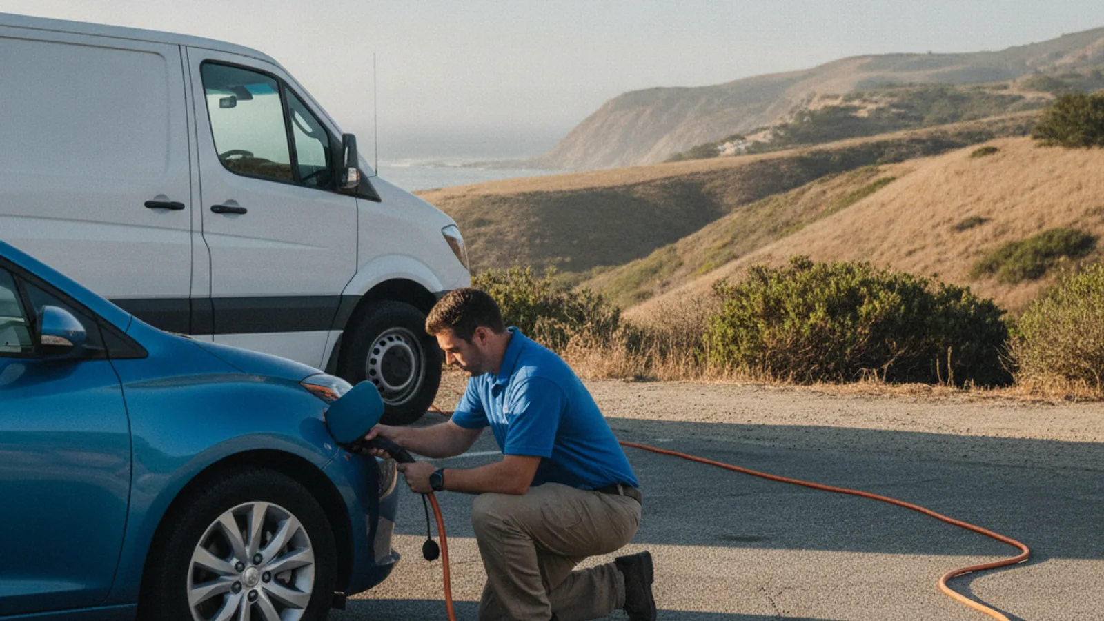 An EV driver reviewing charging map icons on a phone before a San Diego County trip
