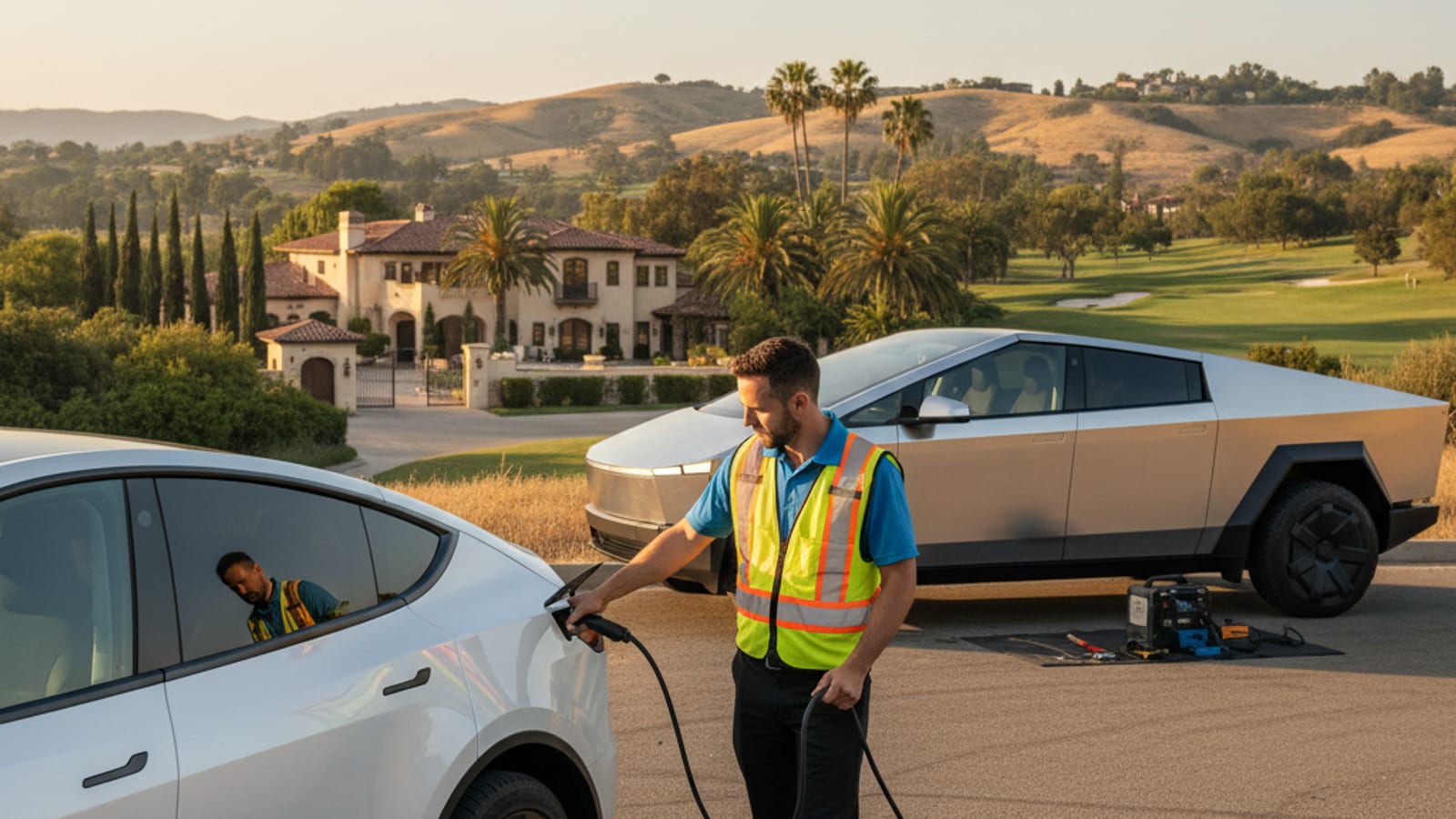 Luxury EV charging at a home in Fairbanks Ranch with palm trees and estate architecture in the background