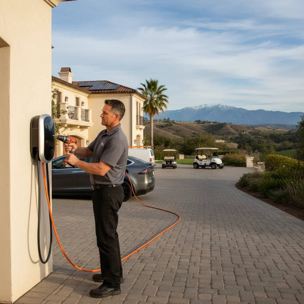 An electrician installing a Level 2 EV charger on a garage wall in a San Diego home