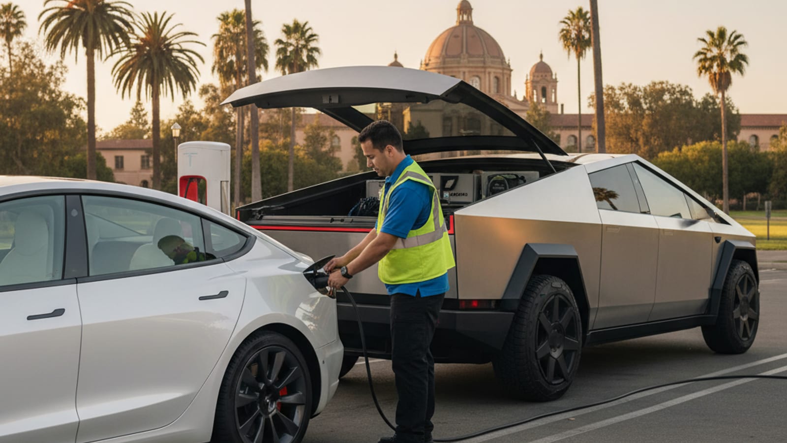 Electric vehicle charging at a station near the San Diego Zoo entrance with Balboa Park buildings in the background.