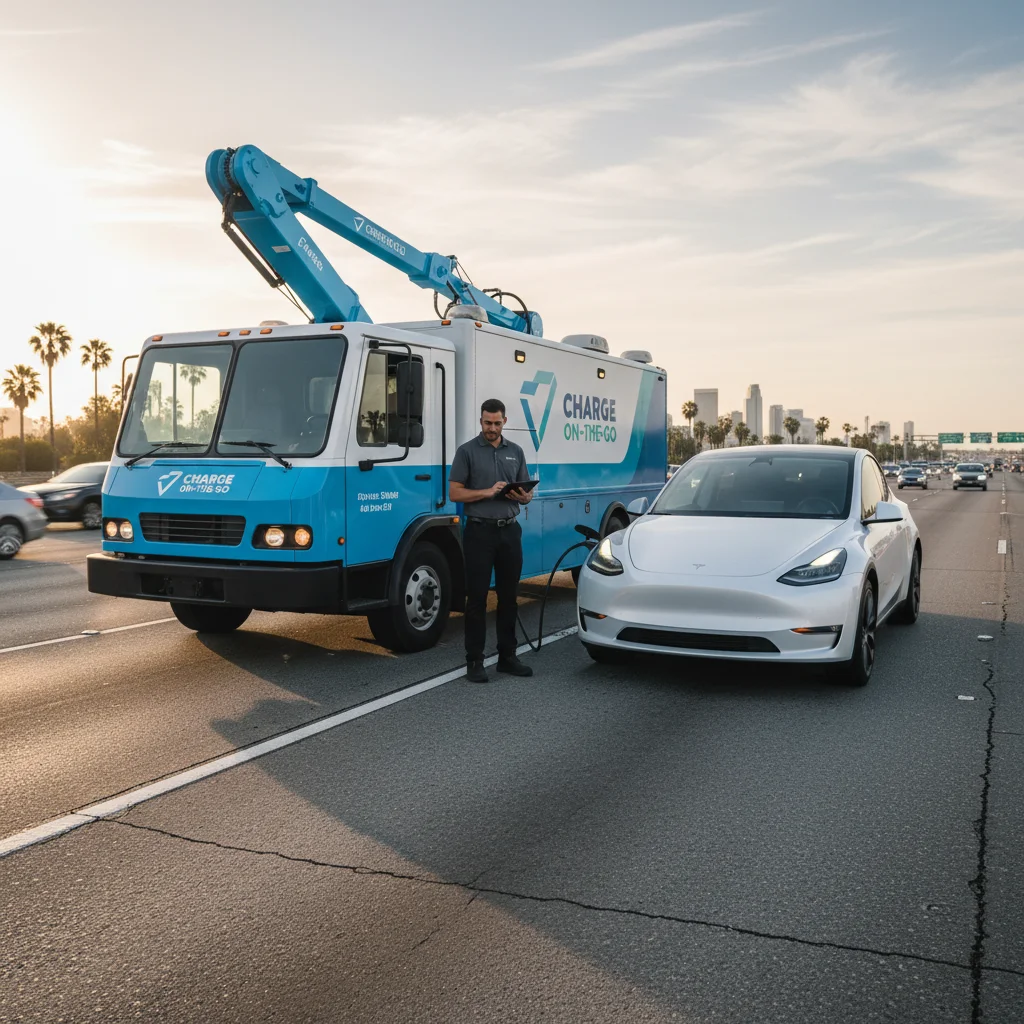 A Charge Pro SD mobile EV charging truck providing a rescue charge to a stranded Tesla on a San Diego freeway.