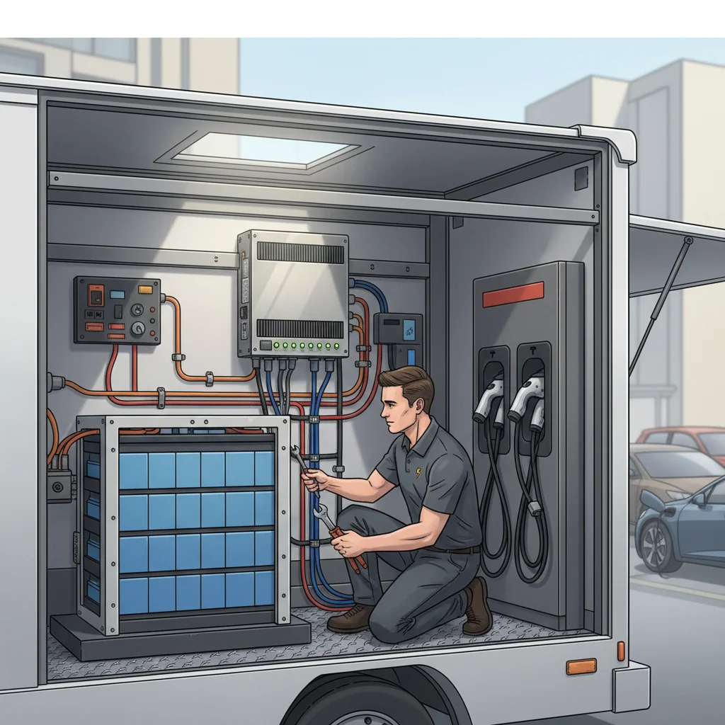 Cutaway view of the battery bank and charging hardware inside a mobile EV rescue truck.