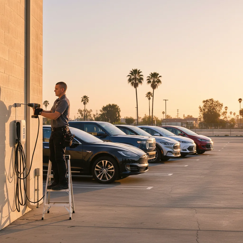 A row of EVs including a Tesla, Rivian, Ford Mach-E, Hyundai Ioniq 5, and Chevy Bolt, parked in a San Diego service lot at sunset
