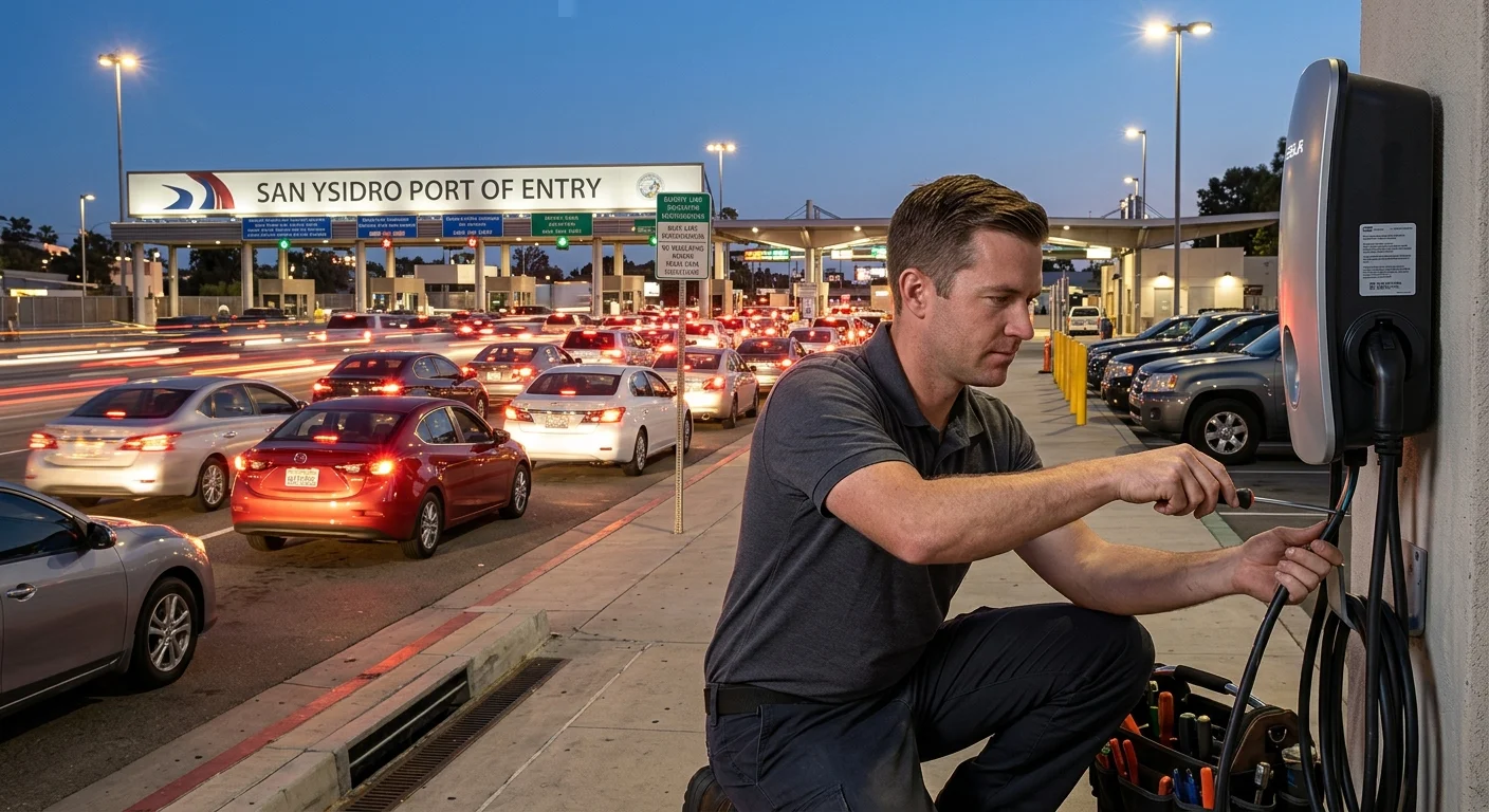 An EV with hazard lights on, stuck in a long line of cars at the San Ysidro Port