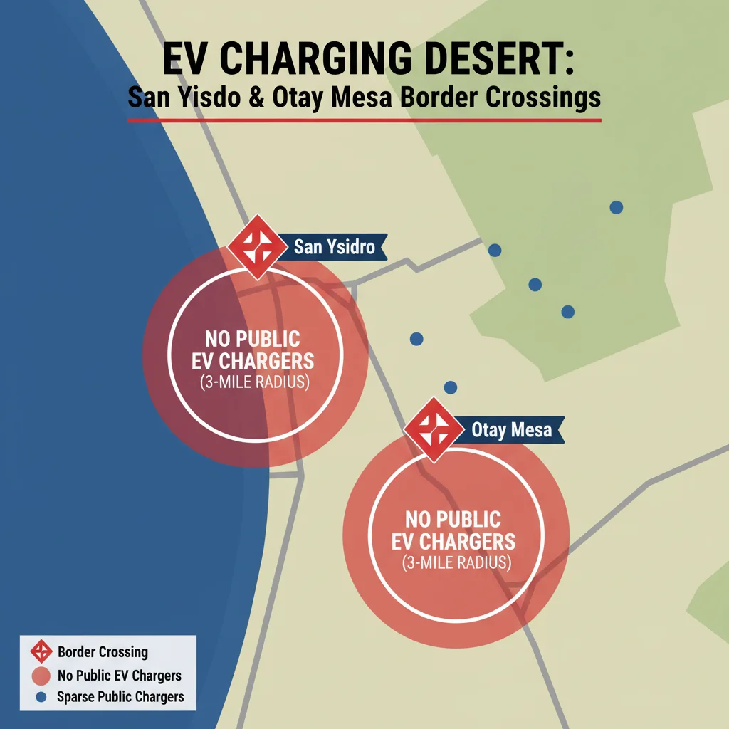 Map showing San Ysidro and Otay Mesa border crossings with sparse EV charging options