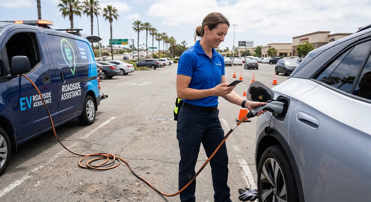 An EV driver in San Diego comparing a rapid charger with roadside help