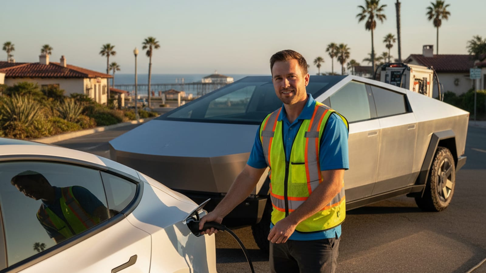 Charge Pro SD Tesla Cybertruck providing mobile EV charging to a stranded Tesla on a Carlsbad street, palm trees in background