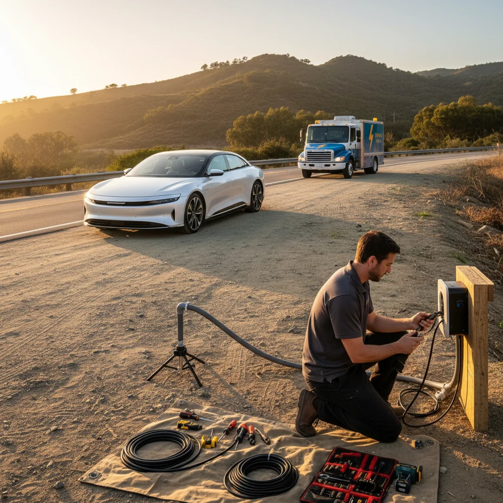 A Lucid Air receives mobile EV charging on the shoulder of SR-56 in Carmel Valley.