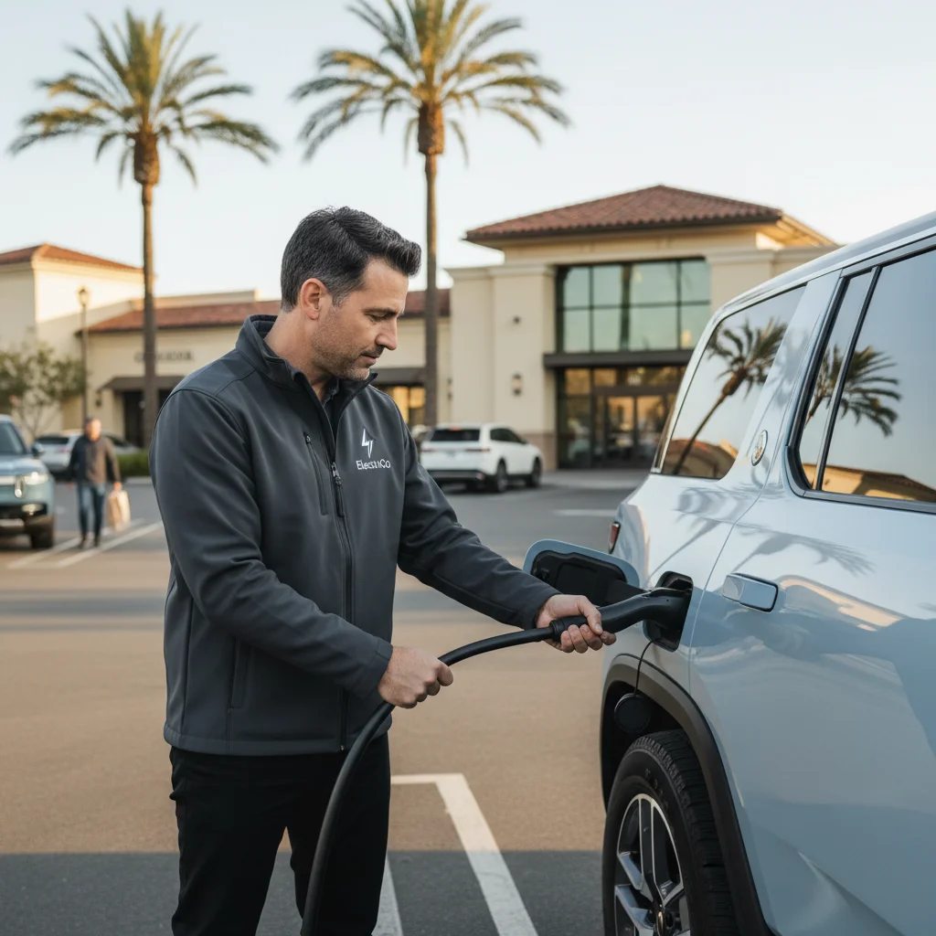 Technician in branded jacket plugging a charger into a Rivian R1S in a Carmel Valley shopping center.