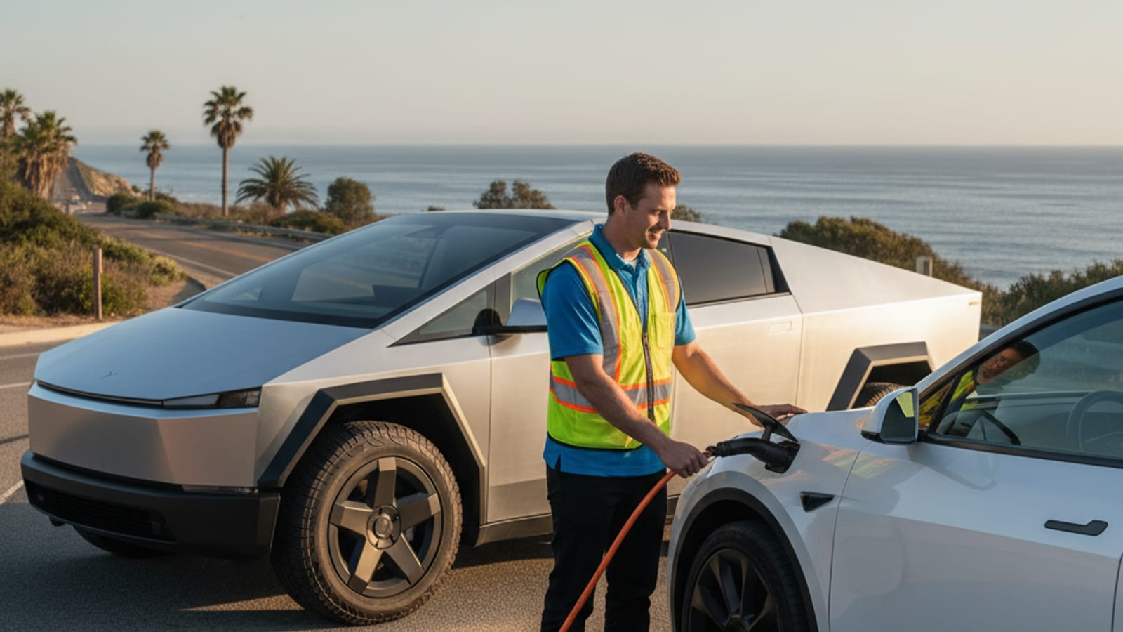 Charge Pro SD Cybertruck providing mobile EV charging to a stranded Tesla on a San Diego freeway shoulder.