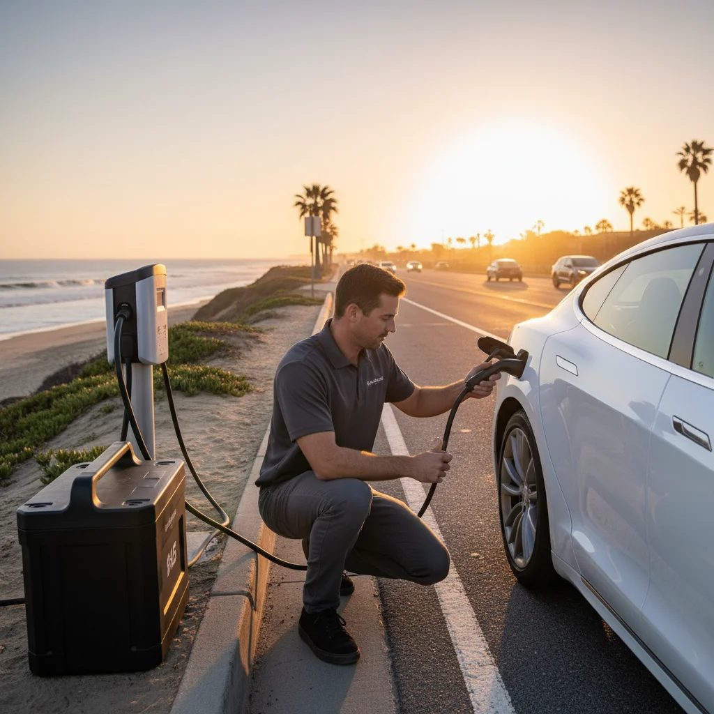 A Genesis GV60 luxury EV parked in a San Diego neighborhood with a mobile rescue vehicle pulled up alongside.
