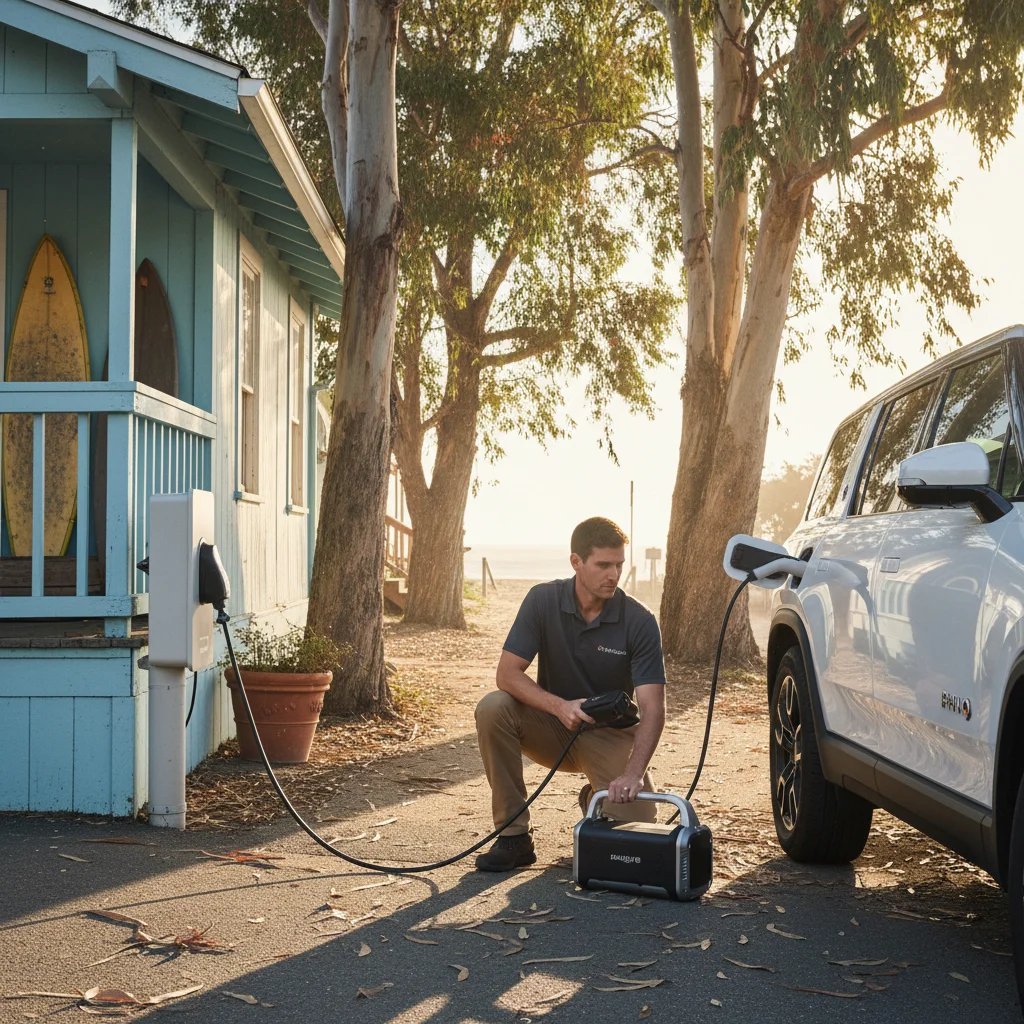 Charge Pro SD technician plugging a mobile charger into a Rivian in Leucadia.