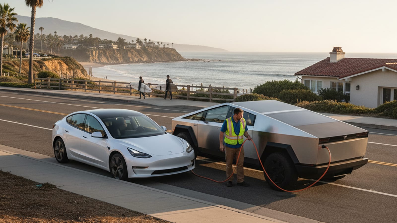 Tesla Cybertruck providing mobile EV charging to a stranded EV near the Encinitas sign on Coast Highway 101